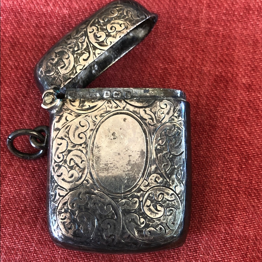 Antique  tooled engraved silver match trinket box charm pendant